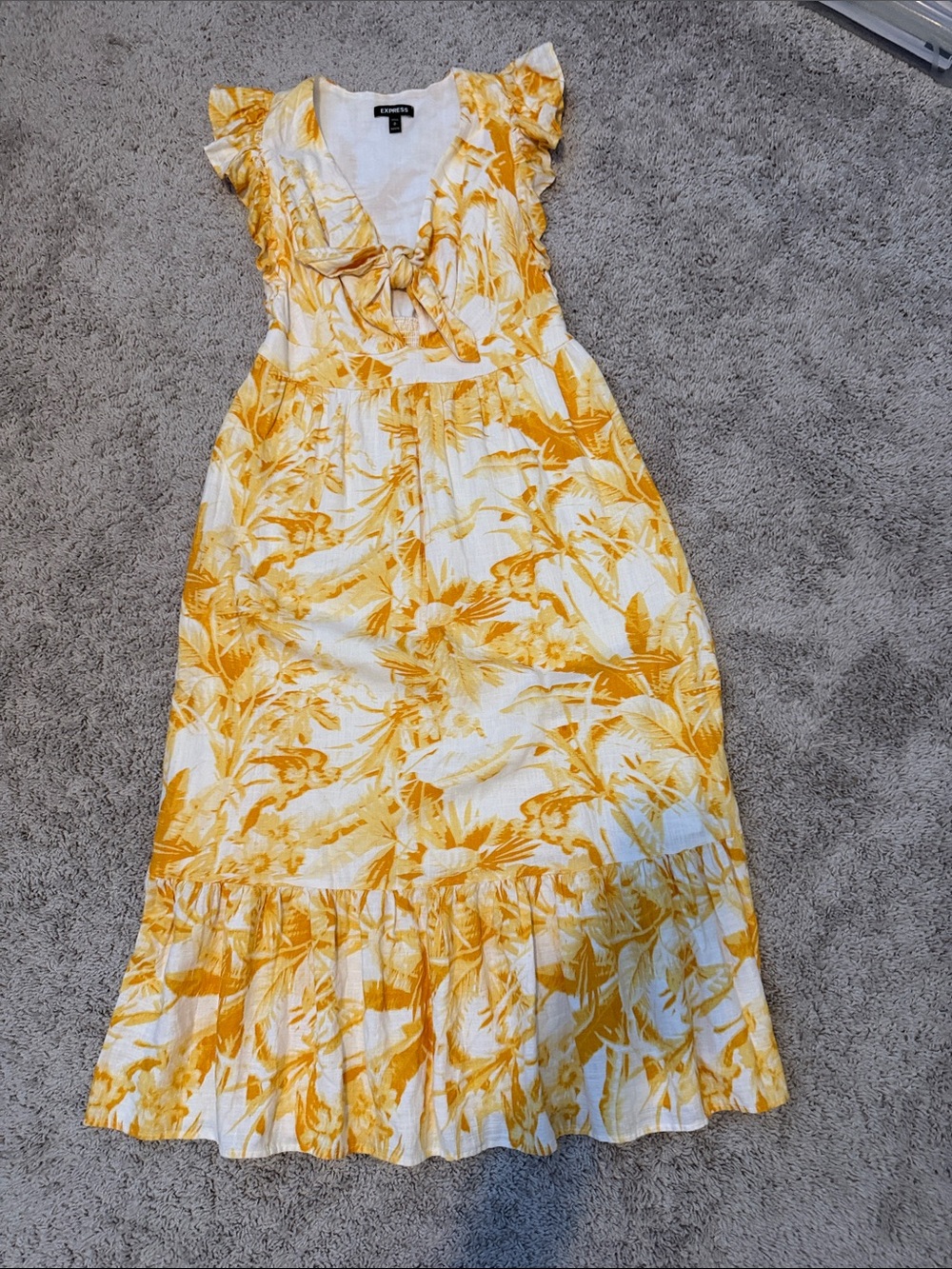 Express White Maxi Dress with Yellow Floral Tie-Front